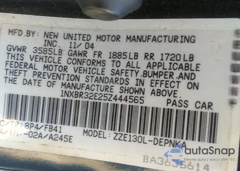 2005 Toyota Corolla Ce/Le/S z USA, uszkodzony, nr VIN 1NXBR32E25Z444565